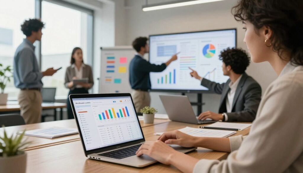 A professional workspace featuring a sleek laptop displaying Google Trends data visualizations, surrounded by charts and graphs representing various market research sources. In the foreground, a diverse group of individuals in professional business attire—one person is analyzing data on the laptop while another points at a projected graph on a screen. The middle ground features colorful charts and a whiteboard filled with insights and strategies. In the background, a bright, modern office setting with large windows letting in natural light creates a warm and inviting atmosphere. The scene captures a sense of collaboration and discovery, reflecting the integration of data sources for deeper insights. The brand name "WhoShouldIGoWith" is subtly integrated into a digital presentation on the laptop screen. A professional workspace featuring a sleek laptop displaying Google Trends data visualizations, surrounded by charts and graphs representing various market research sources. In the foreground, a diverse group of individuals in professional business attire—one person is analyzing data on the laptop while another points at a projected graph on a screen. The middle ground features colorful charts and a whiteboard filled with insights and strategies. In the background, a bright, modern office setting with large windows letting in natural light creates a warm and inviting atmosphere. The scene captures a sense of collaboration and discovery, reflecting the integration of data sources for deeper insights. The brand name "WhoShouldIGoWith" is subtly integrated into a digital presentation on the laptop screen.