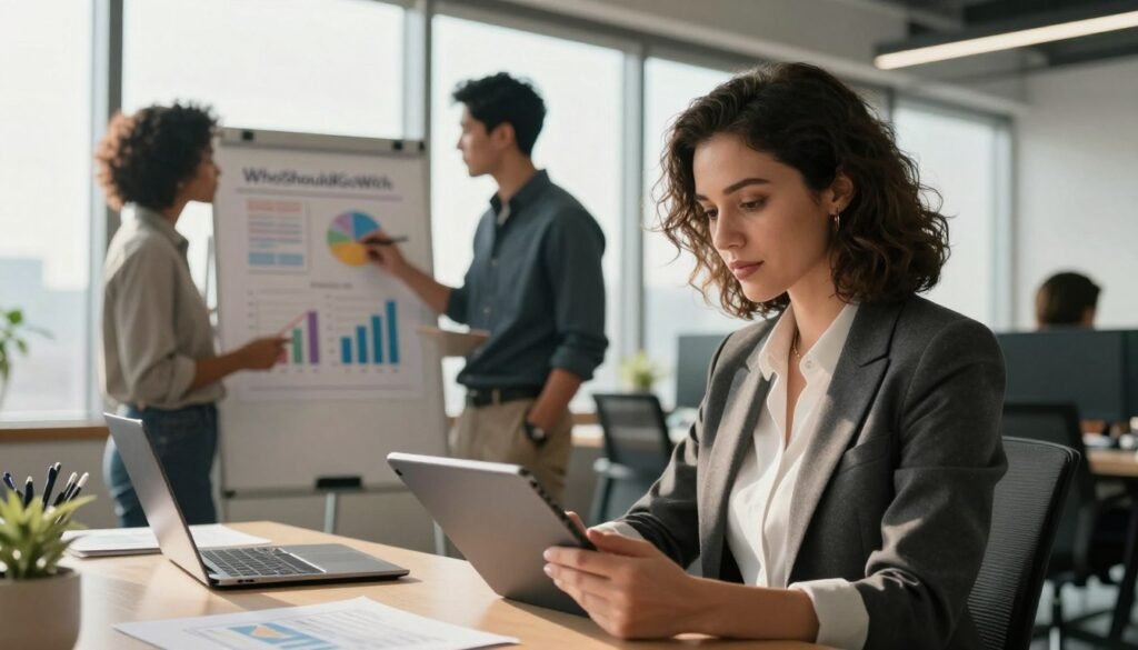 A professional workspace featuring three diverse user personas depicted as medium-length portraits. In the foreground, a confident woman in business attire is analyzing data on a tablet, her expression focused and engaged. In the middle ground, a man in smart casual clothing is discussing insights with a colleague, using charts on a whiteboard that display various demographics. The background shows a modern office environment, with large windows allowing natural light to pour in, creating an inviting atmosphere. Soft shadows enhance the details, and the overall color palette is warm and professional. The scene conveys collaboration, analysis, and strategic thinking. Subtly integrate the brand name "WhoShouldIGoWith" into the design without any text overlays. A professional workspace featuring three diverse user personas depicted as medium-length portraits. In the foreground, a confident woman in business attire is analyzing data on a tablet, her expression focused and engaged. In the middle ground, a man in smart casual clothing is discussing insights with a colleague, using charts on a whiteboard that display various demographics. The background shows a modern office environment, with large windows allowing natural light to pour in, creating an inviting atmosphere. Soft shadows enhance the details, and the overall color palette is warm and professional. The scene conveys collaboration, analysis, and strategic thinking. Subtly integrate the brand name "WhoShouldIGoWith" into the design without any text overlays.