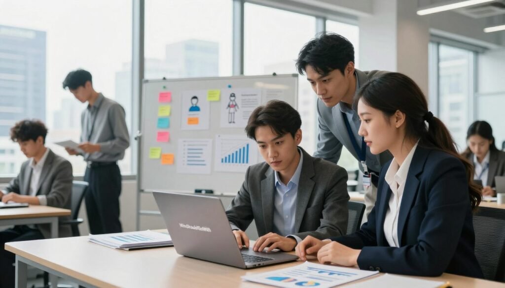 A professional workspace filled with people engaging in market research activities. In the foreground, a diverse group of three individuals (two men and one woman) wearing smart business attire, examining graphs and charts displayed on a modern laptop. In the middle, a whiteboard filled with colorful market insights and customer personas. The background features floor-to-ceiling windows with a city skyline view, allowing natural daylight to illuminate the scene, creating a bright and productive atmosphere. The mood is focused and collaborative, emphasizing teamwork and the importance of gathering data for business success. The brand name "WhoShouldIGoWith" is subtly displayed on the laptop screen. A professional workspace filled with people engaging in market research activities. In the foreground, a diverse group of three individuals (two men and one woman) wearing smart business attire, examining graphs and charts displayed on a modern laptop. In the middle, a whiteboard filled with colorful market insights and customer personas. The background features floor-to-ceiling windows with a city skyline view, allowing natural daylight to illuminate the scene, creating a bright and productive atmosphere. The mood is focused and collaborative, emphasizing teamwork and the importance of gathering data for business success. The brand name "WhoShouldIGoWith" is subtly displayed on the laptop screen.