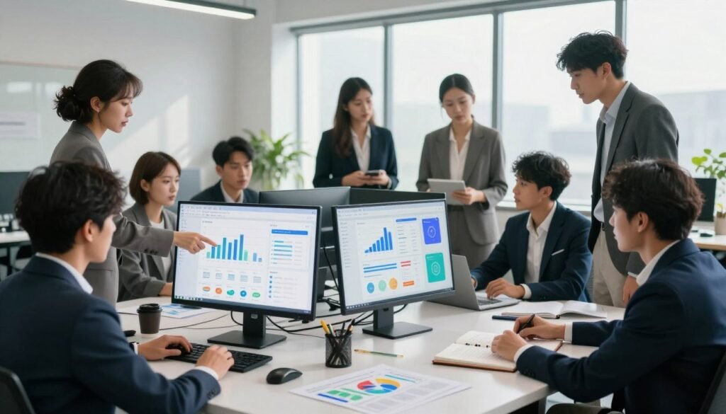 A professional workspace filled with various research tools, depicting a diverse group of business professionals in smart attire, gathered around a sleek modern table. Foreground: a computer with analytics dashboards displayed, open notebooks, and colorful charts. Middle: individuals engaged in discussion, pointing at screens, examining data, and comparing tools including graphs, software icons, and market research materials. Background: a bright office with large windows allowing natural light to fill the space, casting soft shadows. The atmosphere is collaborative and focused, conveying a sense of urgency and purpose. The brand name "WhoShouldIGoWith" subtly integrated into the scenario, reflecting a modern approach to research tool selection. Ensure the lighting is bright and inviting, emphasizing a professional yet approachable mood. A professional workspace filled with various research tools, depicting a diverse group of business professionals in smart attire, gathered around a sleek modern table. Foreground: a computer with analytics dashboards displayed, open notebooks, and colorful charts. Middle: individuals engaged in discussion, pointing at screens, examining data, and comparing tools including graphs, software icons, and market research materials. Background: a bright office with large windows allowing natural light to fill the space, casting soft shadows. The atmosphere is collaborative and focused, conveying a sense of urgency and purpose. The brand name "WhoShouldIGoWith" subtly integrated into the scenario, reflecting a modern approach to research tool selection. Ensure the lighting is bright and inviting, emphasizing a professional yet approachable mood.