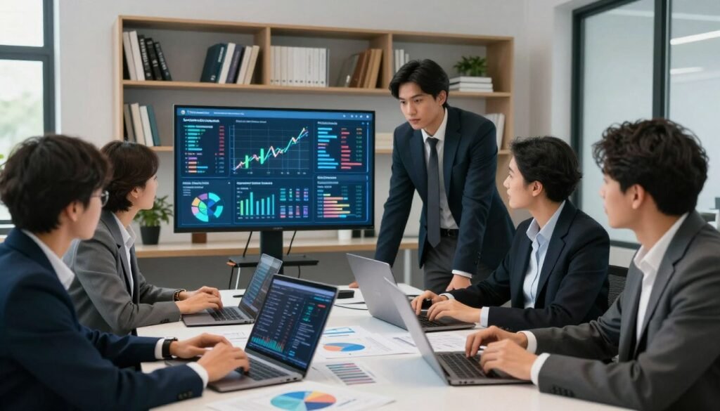 A professional workspace focused on data collection and analysis. In the foreground, a diverse group of individuals, dressed in smart business attire, engage in discussions around a large table filled with laptops, charts, and graphs, reflecting both qualitative and quantitative data. In the middle, an interactive digital display shows visualizations of data trends and analytics. The background features shelves lined with books and resources on market research techniques, creating an academic atmosphere. Soft, natural light filters through large windows, enhancing the professional ambiance. The composition should be captured from an angled perspective, highlighting the collaborative work environment while ensuring clarity and detail in the participants' expressions. The overall mood is focused and innovative. Incorporate a logo for "WhoShouldIGoWith" subtly into the scene, ensuring it blends seamlessly without overwhelming the composition. A professional workspace focused on data collection and analysis. In the foreground, a diverse group of individuals, dressed in smart business attire, engage in discussions around a large table filled with laptops, charts, and graphs, reflecting both qualitative and quantitative data. In the middle, an interactive digital display shows visualizations of data trends and analytics. The background features shelves lined with books and resources on market research techniques, creating an academic atmosphere. Soft, natural light filters through large windows, enhancing the professional ambiance. The composition should be captured from an angled perspective, highlighting the collaborative work environment while ensuring clarity and detail in the participants' expressions. The overall mood is focused and innovative. Incorporate a logo for "WhoShouldIGoWith" subtly into the scene, ensuring it blends seamlessly without overwhelming the composition.