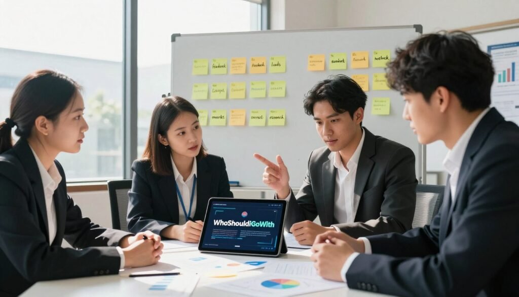 A professional workspace illustrating the concept of validating a business idea. In the foreground, a diverse group of three individuals, dressed in smart business attire, are engaged in a dynamic brainstorming session around a table covered with charts, graphs, and a digital tablet displaying the brand name "WhoShouldIGoWith". The middle ground features sticky notes on a whiteboard with keywords like "feedback", "customer needs", and "market research" written on them. The background includes a large window revealing a bright, sunny day, creating an optimistic and productive atmosphere. Natural light enhances the scene, casting soft shadows and highlighting the focused expressions of the participants. The overall mood is collaborative and innovative, capturing the essence of effective business idea validation. A professional workspace illustrating the concept of validating a business idea. In the foreground, a diverse group of three individuals, dressed in smart business attire, are engaged in a dynamic brainstorming session around a table covered with charts, graphs, and a digital tablet displaying the brand name "WhoShouldIGoWith". The middle ground features sticky notes on a whiteboard with keywords like "feedback", "customer needs", and "market research" written on them. The background includes a large window revealing a bright, sunny day, creating an optimistic and productive atmosphere. Natural light enhances the scene, casting soft shadows and highlighting the focused expressions of the participants. The overall mood is collaborative and innovative, capturing the essence of effective business idea validation.