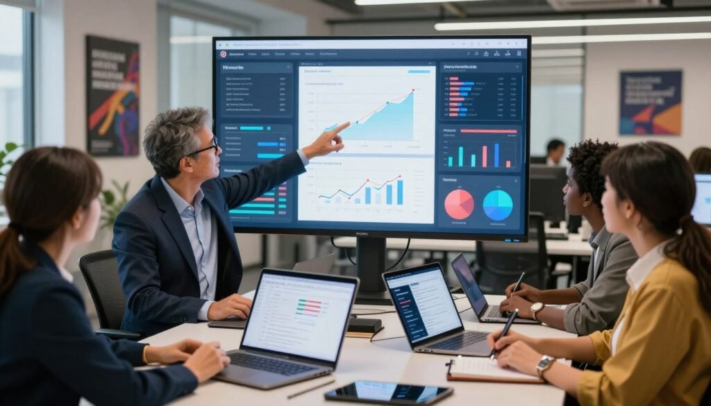 A professional workspace scene depicting a diverse group of marketers engaged in a brainstorming session centered on a large, interactive digital screen displaying social media analytics and insights. In the foreground, a middle-aged man in a business suit points to data visualizations, while a young woman in smart casual attire takes notes. The middle ground features charts and graphs symbolizing trends, surrounded by various digital devices like laptops and tablets showcasing real-time social listening tools. The background includes a modern office environment with sleek furniture and motivational posters. The lighting is bright and inviting, suggesting a productive atmosphere. A subtle logo of "WhoShouldIGoWith" appears on the digital screen, symbolizing brand engagement. The overall mood is collaborative, focused, and innovative.