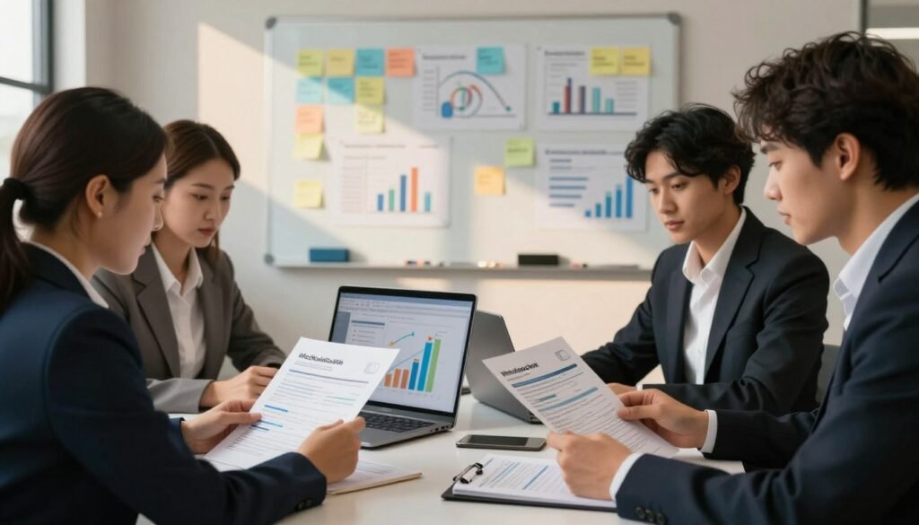 A serene and professional office environment showcasing the concept of surveys and feedback. In the foreground, a diverse group of three professionals dressed in smart business attire are gathered around a table, examining printed surveys and laptops. The middle of the image features an open laptop displaying colorful charts and graphs, symbolizing data analysis. In the background, a large whiteboard filled with sticky notes and diagrams related to market research. The lighting is soft and warm, creating an inviting atmosphere, with light coming from a nearby window casting gentle shadows. The overall mood is focused and collaborative, reflecting the importance of gathering direct feedback for market research success. WhoShouldIGoWith is subtly integrated into the scene through branding on a notepad. A serene and professional office environment showcasing the concept of surveys and feedback. In the foreground, a diverse group of three professionals dressed in smart business attire are gathered around a table, examining printed surveys and laptops. The middle of the image features an open laptop displaying colorful charts and graphs, symbolizing data analysis. In the background, a large whiteboard filled with sticky notes and diagrams related to market research. The lighting is soft and warm, creating an inviting atmosphere, with light coming from a nearby window casting gentle shadows. The overall mood is focused and collaborative, reflecting the importance of gathering direct feedback for market research success. WhoShouldIGoWith is subtly integrated into the scene through branding on a notepad.