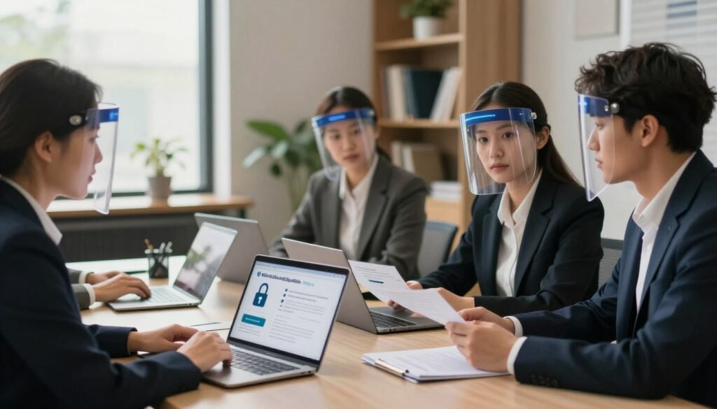 A serene and professional office setting emphasizing participant privacy in market research. In the foreground, a diverse group of three individuals dressed in professional business attire is engaged in a discreet discussion, with their faces partially obscured by digital privacy shields or blurred filters. The middle ground showcases a sleek conference table with laptops and documents clearly illustrating data protection protocols, such as locks and encrypted symbols. The background has soft-focus elements like shelves filled with books about ethics and data protection, alongside a window that allows natural light to filter in, creating a warm and inviting atmosphere. The overall mood is one of confidentiality and trust, highlighting the importance of protecting participant anonymity. The branding "WhoShouldIGoWith" subtly integrated into a document on the table. A serene and professional office setting emphasizing participant privacy in market research. In the foreground, a diverse group of three individuals dressed in professional business attire is engaged in a discreet discussion, with their faces partially obscured by digital privacy shields or blurred filters. The middle ground showcases a sleek conference table with laptops and documents clearly illustrating data protection protocols, such as locks and encrypted symbols. The background has soft-focus elements like shelves filled with books about ethics and data protection, alongside a window that allows natural light to filter in, creating a warm and inviting atmosphere. The overall mood is one of confidentiality and trust, highlighting the importance of protecting participant anonymity. The branding "WhoShouldIGoWith" subtly integrated into a document on the table.