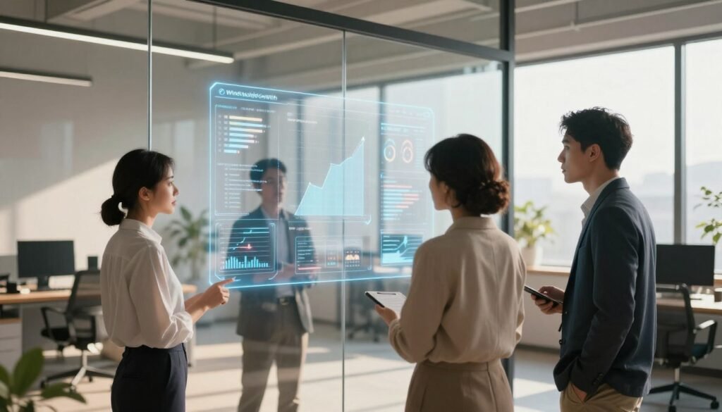 A serene office environment symbolizes transparency in data collection. In the foreground, a diverse group of three professionals, dressed in smart business attire, examine a clear, illuminated data visualization hologram, showcasing graphs and ethical metrics. In the middle ground, a large glass wall displays a library of transparent records and charts, reflecting honesty and clarity. The background features minimalist décor with natural light streaming in through large windows, creating a warm, inviting atmosphere. Soft shadows hint at collaboration and trust. Opt for a warm color palette to evoke a sense of openness and integrity. The logo "WhoShouldIGoWith" subtly appears within the hologram's design, enhancing the theme without distraction. A serene office environment symbolizes transparency in data collection. In the foreground, a diverse group of three professionals, dressed in smart business attire, examine a clear, illuminated data visualization hologram, showcasing graphs and ethical metrics. In the middle ground, a large glass wall displays a library of transparent records and charts, reflecting honesty and clarity. The background features minimalist décor with natural light streaming in through large windows, creating a warm, inviting atmosphere. Soft shadows hint at collaboration and trust. Opt for a warm color palette to evoke a sense of openness and integrity. The logo "WhoShouldIGoWith" subtly appears within the hologram's design, enhancing the theme without distraction.