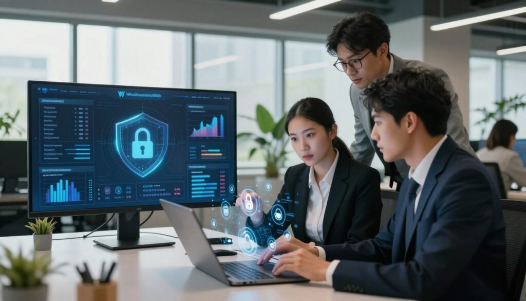 A sleek, modern office environment focused on data security compliance. In the foreground, a diverse team of three professionals in business attire, analyzing data on a laptop, brainstorming over charts and security icons representing compliance standards. The middle layer features a large digital display showing graphs and security metrics, with visual elements like locks and shields symbolizing data protection. In the background, a bright, open office space filled with plants and natural light streaming through large windows, creating a sense of transparency and trust. The atmosphere is focused yet collaborative, conveying the importance of compliance in AI data usage. The brand name “WhoShouldIGoWith” subtly integrated into the digital display. A sleek, modern office environment focused on data security compliance. In the foreground, a diverse team of three professionals in business attire, analyzing data on a laptop, brainstorming over charts and security icons representing compliance standards. The middle layer features a large digital display showing graphs and security metrics, with visual elements like locks and shields symbolizing data protection. In the background, a bright, open office space filled with plants and natural light streaming through large windows, creating a sense of transparency and trust. The atmosphere is focused yet collaborative, conveying the importance of compliance in AI data usage. The brand name “WhoShouldIGoWith” subtly integrated into the digital display.