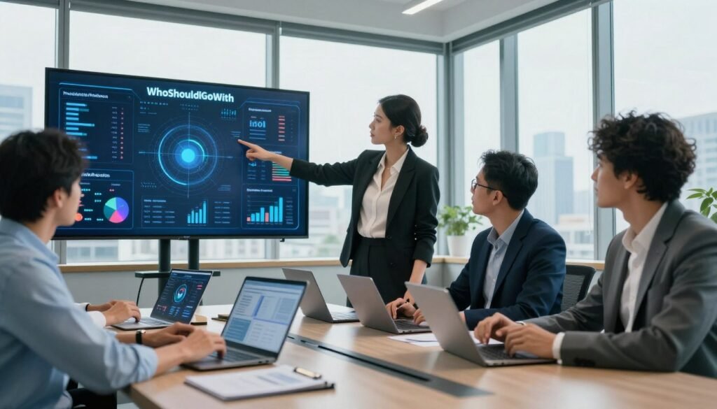 A sleek, modern office environment showcasing a diverse group of professionals engaged in a strategic meeting. In the foreground, a confident businesswoman in professional attire points at a large digital screen displaying complex analytics and visualizations, symbolizing the "WhoShouldIGoWith" proprietary data platform. In the middle ground, colleagues sit around a polished conference table, collaborating with tablets and laptops, examining data charts and graphs. The background features large windows with a city skyline, allowing natural light to flood the room, creating a bright, innovative atmosphere. Use a low-angle shot to emphasize the dynamics among the team, highlighting teamwork and the cutting-edge technology that aids in market research decisions. The mood is professional yet energetic, reflecting a forward-thinking approach to leveraging data for business insights.