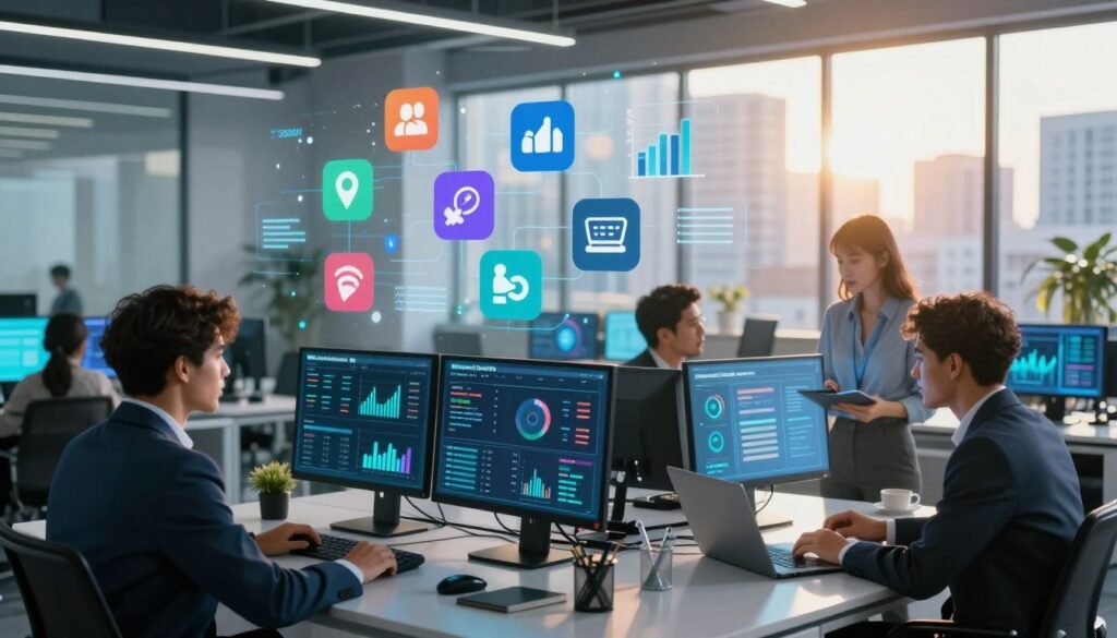 A sleek, modern office space bustling with activity representing the concept of "social listening." In the foreground, a diverse group of four professionals in business attire engaged in discussion, analyzing data on digital screens. The middle layer displays various social media icons and analytics graphs floating above their heads, symbolizing the AI-driven insights derived from social media interactions. In the background, a large window reveals a vibrant cityscape, with sunlight streaming in, casting a warm glow across the room, enhancing the atmosphere of innovation and collaboration. The color palette is a mix of blues and greens, conveying a sense of serenity and focus. The brand name "WhoShouldIGoWith" subtly integrated in the context of the analytics displayed, emphasizing the connection to market research.