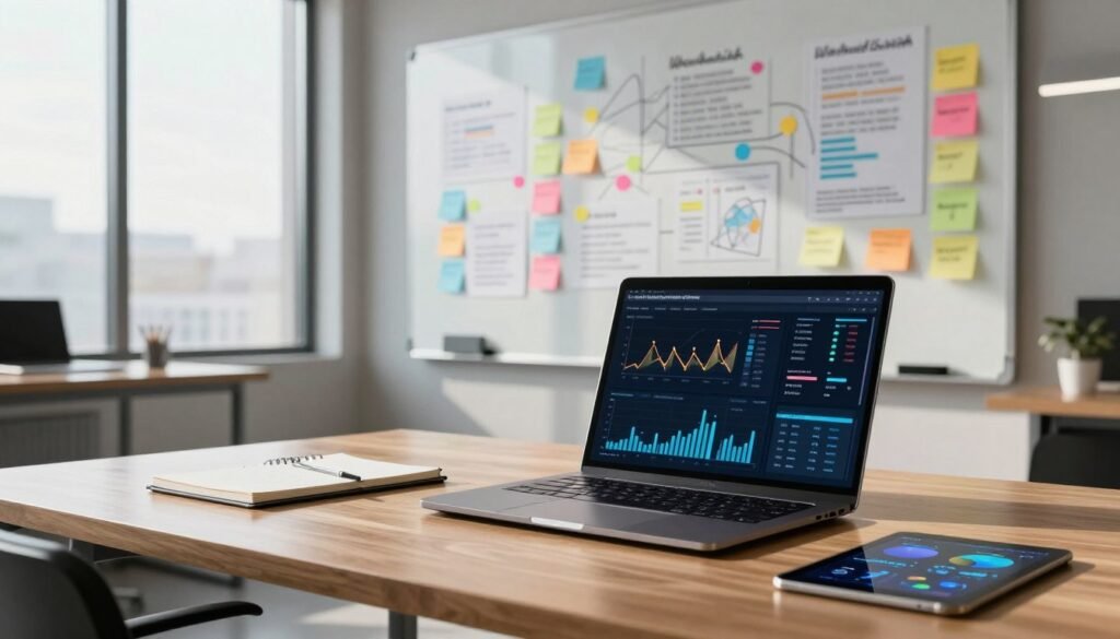 A sleek, modern workspace depicting essential data tools for market research and competitor analysis. In the foreground, a polished wooden desk adorned with a laptop displaying data visualization graphs and analytics software. Beside it, a stylish notepad and a tablet showcasing infographics. In the middle ground, a large whiteboard filled with colorful sticky notes, brainstorming ideas and strategies. The background features floor-to-ceiling windows with natural light illuminating the space, creating a bright and professional atmosphere. Subtle shadows cast by the furniture add depth. The overall mood is productive and focused, suggesting innovation and strategic thinking. The brand name "WhoShouldIGoWith" subtly integrated into the design of the laptop screen.
