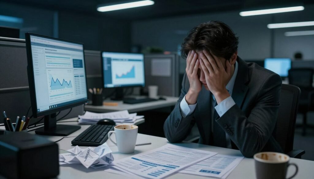 A somber office environment depicting "financial pain." In the foreground, a stressed businessperson in professional attire, their face in their hands, surrounded by crumpled financial documents and an empty coffee cup, indicating late-night struggles. In the middle ground, a cluttered desk with a flickering computer screen showing declining graphs and bills, the atmosphere charged with tension. The background features darkened office cubicles, illuminated only by fluorescent lights creating stark shadows, enhancing the feeling of isolation. The overall mood is heavy and contemplative, with a cool color palette dominated by blues and grays. The logo "WhoShouldIGoWith" subtly integrated into a financial report on the desk. A somber office environment depicting "financial pain." In the foreground, a stressed businessperson in professional attire, their face in their hands, surrounded by crumpled financial documents and an empty coffee cup, indicating late-night struggles. In the middle ground, a cluttered desk with a flickering computer screen showing declining graphs and bills, the atmosphere charged with tension. The background features darkened office cubicles, illuminated only by fluorescent lights creating stark shadows, enhancing the feeling of isolation. The overall mood is heavy and contemplative, with a cool color palette dominated by blues and grays. The logo "WhoShouldIGoWith" subtly integrated into a financial report on the desk.