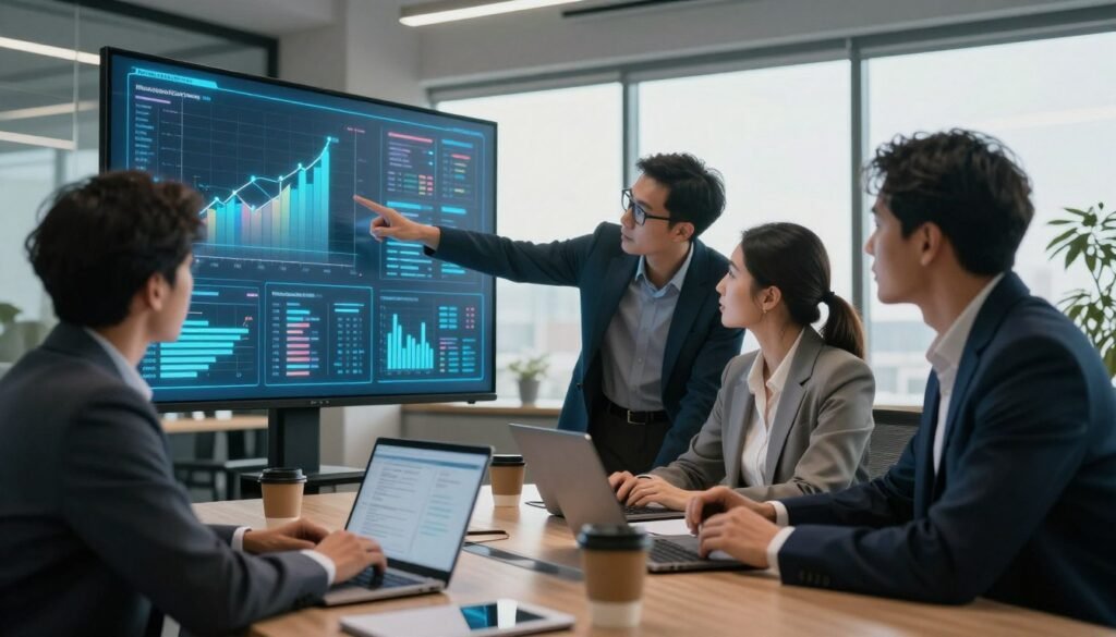 A sophisticated office environment with a focused and analytical atmosphere. In the foreground, a diverse group of three professionals—two men and one woman—dressed in smart business attire, are engaged in a discussion, pointing at glowing data visualizations projected on a sleek glass screen displaying charts and graphs. The middle ground features a large conference table with laptops, notepads, and coffee cups scattered around, indicating a collaborative brainstorming session. The background includes large windows allowing natural light to flood in, creating a warm yet professional ambiance. The overall mood conveys urgency and importance, highlighting the meticulous nature of reliable market intelligence. The brand name "WhoShouldIGoWith" is subtly referenced in the background materials. A sophisticated office environment with a focused and analytical atmosphere. In the foreground, a diverse group of three professionals—two men and one woman—dressed in smart business attire, are engaged in a discussion, pointing at glowing data visualizations projected on a sleek glass screen displaying charts and graphs. The middle ground features a large conference table with laptops, notepads, and coffee cups scattered around, indicating a collaborative brainstorming session. The background includes large windows allowing natural light to flood in, creating a warm yet professional ambiance. The overall mood conveys urgency and importance, highlighting the meticulous nature of reliable market intelligence. The brand name "WhoShouldIGoWith" is subtly referenced in the background materials.