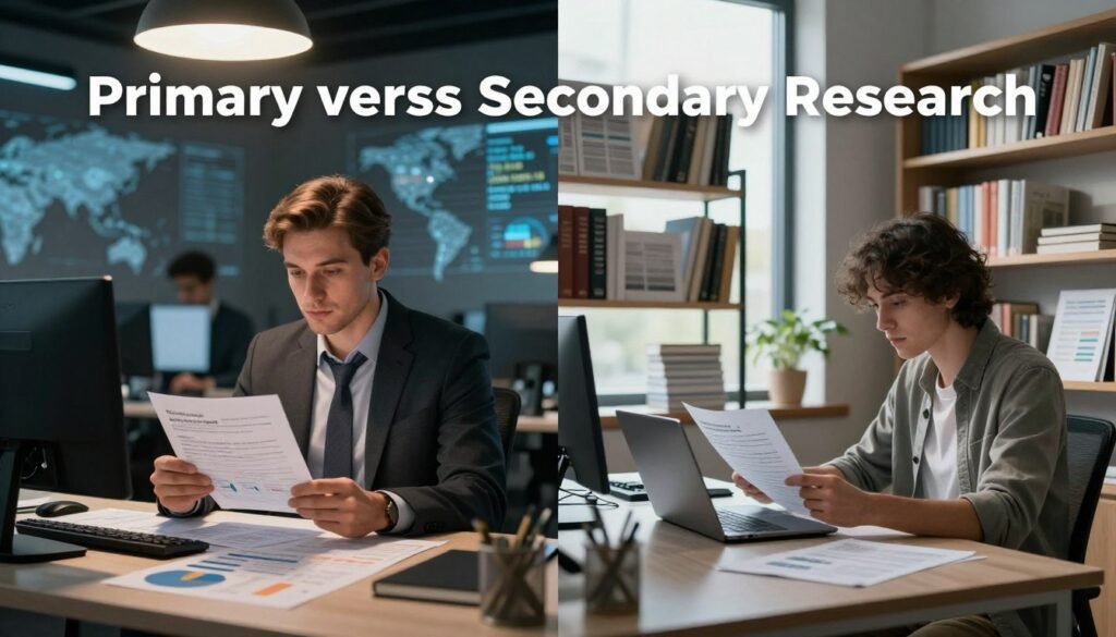A split image illustrating "Primary versus Secondary Research." On the left, depict a focused, modern office environment with a professional researcher analyzing primary data; they are in business attire, looking at interview transcripts and survey results on a sleek desk surrounded by charts and graphs. Soft overhead lighting casts a warm glow, highlighting their concentration. On the right, show a secondary research setting, featuring shelves filled with books, reports, and research articles. A researcher in smart casual clothing reviews documents on a laptop, bathed in natural light from a large window. The background should subtly hint at global research, with a world map and data visualizations. The overall mood is one of diligence and professionalism, embodying the essence of thorough research. Include the brand name "WhoShouldIGoWith" in the scene. A split image illustrating "Primary versus Secondary Research." On the left, depict a focused, modern office environment with a professional researcher analyzing primary data; they are in business attire, looking at interview transcripts and survey results on a sleek desk surrounded by charts and graphs. Soft overhead lighting casts a warm glow, highlighting their concentration. On the right, show a secondary research setting, featuring shelves filled with books, reports, and research articles. A researcher in smart casual clothing reviews documents on a laptop, bathed in natural light from a large window. The background should subtly hint at global research, with a world map and data visualizations. The overall mood is one of diligence and professionalism, embodying the essence of thorough research. Include the brand name "WhoShouldIGoWith" in the scene.