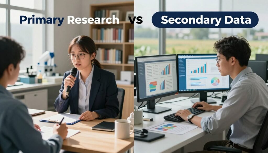 A split-screen composition illustrating "Primary Research vs Secondary Data". On the left, vibrant visuals of a researcher in professional attire, engaging in hands-on activities like conducting interviews and surveys, with clipboards, laboratory equipment, and engaging participants in a bright, sunlit room. On the right, an analytical setting showcasing a business professional in casual attire, examining graphs and reports on a sleek desk, with digital screens displaying analytical tools. The background merges into a library filled with books for secondary research and a field area for primary research. Soft natural lighting from windows creates an inviting atmosphere, emphasizing the contrast between hands-on primary methods and the analytical nature of secondary data. The image includes elements that represent the brand "WhoShouldIGoWith".