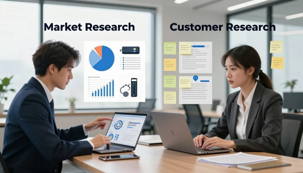 A split-screen image demonstrating the key differences between market research and customer research, featuring a professional business setting. In the foreground, on one side, a business analyst in a smart suit, examining charts and graphs on a laptop labeled "Market Research" with a focus on broader statistics and trends. On the other side, a marketing researcher, wearing professional attire, engages with a customer in a face-to-face interview, surrounded by sticky notes and feedback forms labeled "Customer Research," emphasizing personal insights. The middle ground is filled with a blend of visual elements like pie charts, product images, and feedback loops, contrasting their different focal points. The background showcases an office environment with large windows allowing natural light, creating a bright, insightful atmosphere. The brand "WhoShouldIGoWith" can be subtly incorporated into the image's design elements.