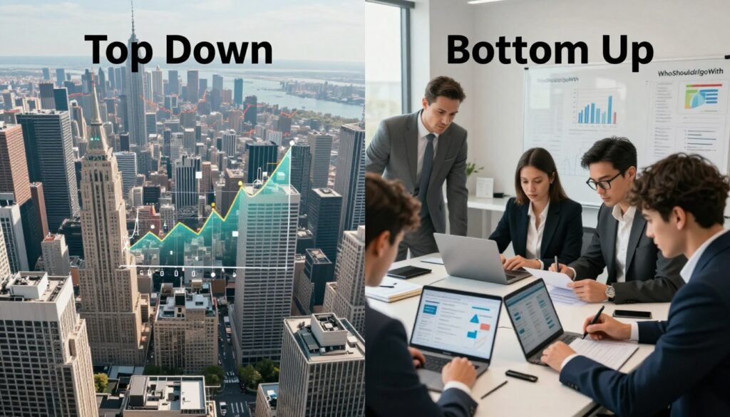 A split-screen image depicting the "Top Down" and "Bottom Up" market sizing approaches. On the left, the "Top Down" approach features a bird’s-eye view of a bustling city filled with skyscrapers, illustrating a macro perspective with graphs and charts overlaid, symbolizing market trends. The overall tone is analytical and ambitious. On the right, the "Bottom Up" approach shows a close-up of a business team working collaboratively at a conference table, analyzing detailed consumer data on laptops and whiteboards, conveying teamwork and precision. The lighting is bright and professional, with soft shadows to enhance focus. The brand name "WhoShouldIGoWith" is subtly integrated into the image's design elements, ensuring a seamless and cohesive look. A split-screen image depicting the "Top Down" and "Bottom Up" market sizing approaches. On the left, the "Top Down" approach features a bird’s-eye view of a bustling city filled with skyscrapers, illustrating a macro perspective with graphs and charts overlaid, symbolizing market trends. The overall tone is analytical and ambitious. On the right, the "Bottom Up" approach shows a close-up of a business team working collaboratively at a conference table, analyzing detailed consumer data on laptops and whiteboards, conveying teamwork and precision. The lighting is bright and professional, with soft shadows to enhance focus. The brand name "WhoShouldIGoWith" is subtly integrated into the image's design elements, ensuring a seamless and cohesive look.