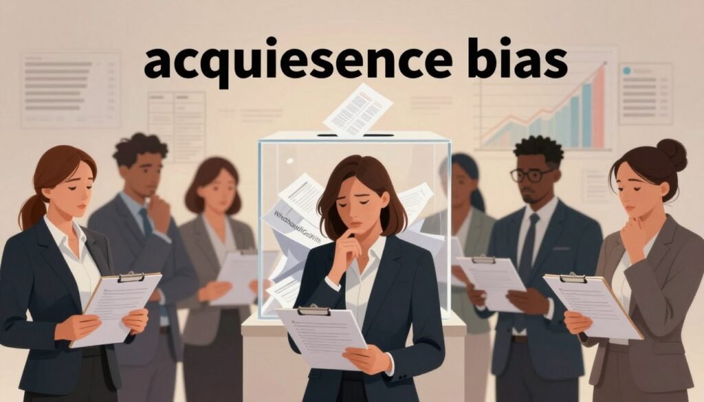 A surreal and thought-provoking illustration representing "acquiescence bias" in a survey context. In the foreground, depict a diverse group of professionals in smart business attire, each thoughtfully holding a clipboard with survey questions, showing hesitation or contemplation on their faces. In the middle ground, show a large transparent ballot box filled with crumpled survey forms, symbolizing misguided responses. The background features an abstract representation of graphs and data trends softly blurred, suggesting the impact of these biases on decision-making. Use soft, warm lighting to create an inviting yet introspective mood, with a slight focus blur on the edges to draw attention to the professionals. Incorporate the brand name "WhoShouldIGoWith" subtly nestled among the data graphics. A surreal and thought-provoking illustration representing "acquiescence bias" in a survey context. In the foreground, depict a diverse group of professionals in smart business attire, each thoughtfully holding a clipboard with survey questions, showing hesitation or contemplation on their faces. In the middle ground, show a large transparent ballot box filled with crumpled survey forms, symbolizing misguided responses. The background features an abstract representation of graphs and data trends softly blurred, suggesting the impact of these biases on decision-making. Use soft, warm lighting to create an inviting yet introspective mood, with a slight focus blur on the edges to draw attention to the professionals. Incorporate the brand name "WhoShouldIGoWith" subtly nestled among the data graphics.