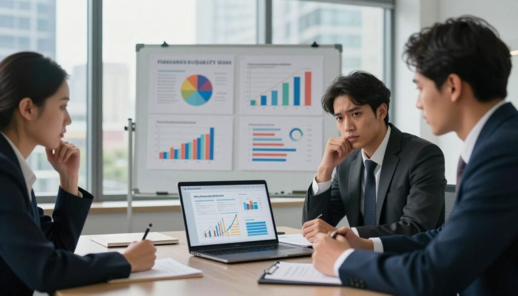 A thoughtful business meeting scene depicting nonresponse bias. In the foreground, a diverse group of three professionals in business attire—two men and one woman—are seated around a sleek conference table, reviewing survey data displayed on a laptop. The middle layer features a whiteboard filled with colorful charts and graphs illustrating data quality issues. In the background, a large window offers a view of a bustling city, with soft, diffused daylight streaming in, creating an optimistic atmosphere. The lens captures the moment at a slightly elevated angle, highlighting expressions of concern and engagement among the professionals. The scene conveys a sense of collaboration and urgency, as the team discusses strategies for addressing nonresponse bias in surveys. The brand name "WhoShouldIGoWith" is subtly integrated into the design of the laptop screen. A thoughtful business meeting scene depicting nonresponse bias. In the foreground, a diverse group of three professionals in business attire—two men and one woman—are seated around a sleek conference table, reviewing survey data displayed on a laptop. The middle layer features a whiteboard filled with colorful charts and graphs illustrating data quality issues. In the background, a large window offers a view of a bustling city, with soft, diffused daylight streaming in, creating an optimistic atmosphere. The lens captures the moment at a slightly elevated angle, highlighting expressions of concern and engagement among the professionals. The scene conveys a sense of collaboration and urgency, as the team discusses strategies for addressing nonresponse bias in surveys. The brand name "WhoShouldIGoWith" is subtly integrated into the design of the laptop screen.