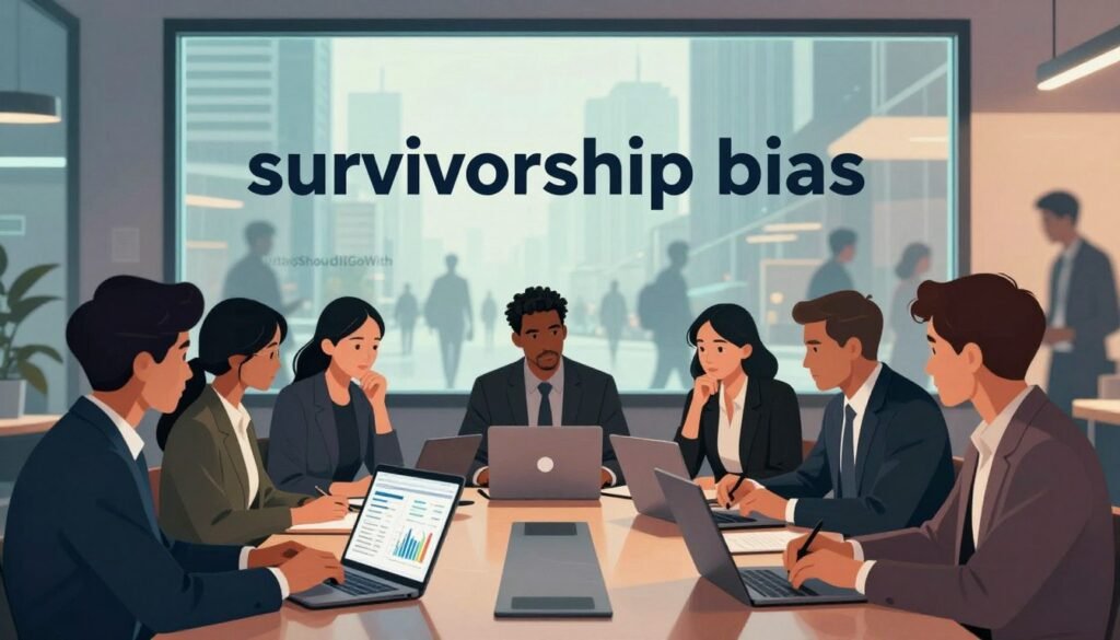 A vibrant and thoughtful illustration representing "survivorship bias" in a business context. In the foreground, a diverse group of professionally dressed individuals is gathered around a conference table, engaged in deep discussion over customer feedback data. Some are analyzing graphs and charts displayed on laptops, while others take notes with a thoughtful expression. In the middle, a large, transparent glass window shows a bustling cityscape with faint silhouettes of people walking by, symbolizing those who aren't represented in the feedback. In the background, soft ambient lighting creates a warm, collaborative atmosphere, highlighting the importance of diverse perspectives. The brand logo "WhoShouldIGoWith" subtly integrated into the scene, reflecting a focus on informed decision-making and inclusivity. The overall mood is one of reflection and insight, emphasizing the need to analyze all voices in customer feedback. A vibrant and thoughtful illustration representing "survivorship bias" in a business context. In the foreground, a diverse group of professionally dressed individuals is gathered around a conference table, engaged in deep discussion over customer feedback data. Some are analyzing graphs and charts displayed on laptops, while others take notes with a thoughtful expression. In the middle, a large, transparent glass window shows a bustling cityscape with faint silhouettes of people walking by, symbolizing those who aren't represented in the feedback. In the background, soft ambient lighting creates a warm, collaborative atmosphere, highlighting the importance of diverse perspectives. The brand logo "WhoShouldIGoWith" subtly integrated into the scene, reflecting a focus on informed decision-making and inclusivity. The overall mood is one of reflection and insight, emphasizing the need to analyze all voices in customer feedback.