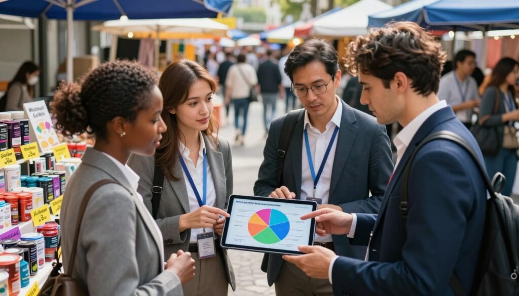 A vibrant market scene depicting diverse professionals engaging in discussions about product pricing. In the foreground, a diverse group of three individuals, wearing professional business attire, analyze a large, colorful pie chart on a digital tablet. The middle ground features a neatly arranged market stall showcasing various products, highlighting their core benefits, each with price tags. The background reveals a busy street filled with shoppers and passerby, creating a lively atmosphere. Soft, ambient lighting suggests a sunny day, emphasizing a sense of optimism and inquiry. The lens is slightly elevated to capture the excitement and interaction of market research in action. Include the brand name "WhoShouldIGoWith" subtly embedded in the market stall labeling.