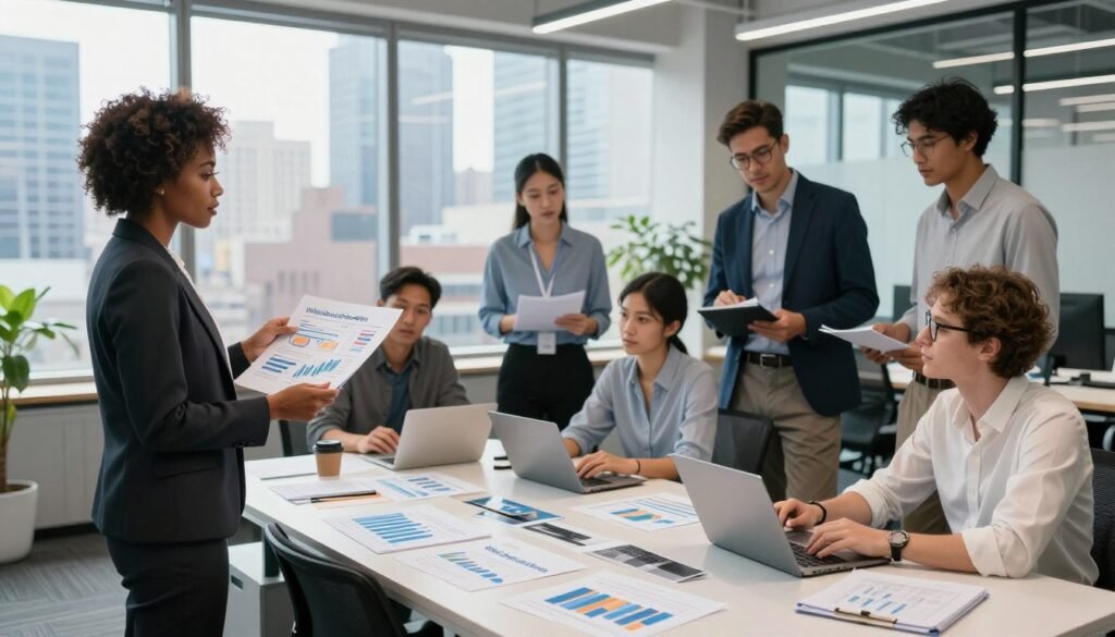 A vibrant office conference room filled with two groups of diverse professionals engaged in a dynamic discussion about market research and competitor analysis. In the foreground, a confident Black woman in a tailored business suit presents a chart, while a thoughtful White man in glasses studies notes beside her. In the middle, a group of young professionals, including a Hispanic woman and an Asian man, are brainstorming ideas around a large table littered with charts and graphs. In the background, large windows reveal a bustling city skyline bathed in natural light creating an innovative atmosphere. The lighting is bright and focused, highlighting the intensity of the conversation. The decor is modern and sleek, embodying a progressive business environment. Emphasize collaboration and strategy with a professional, inspirational mood. Incorporate subtle branding elements of "WhoShouldIGoWith" in the design of the elements within the office space.