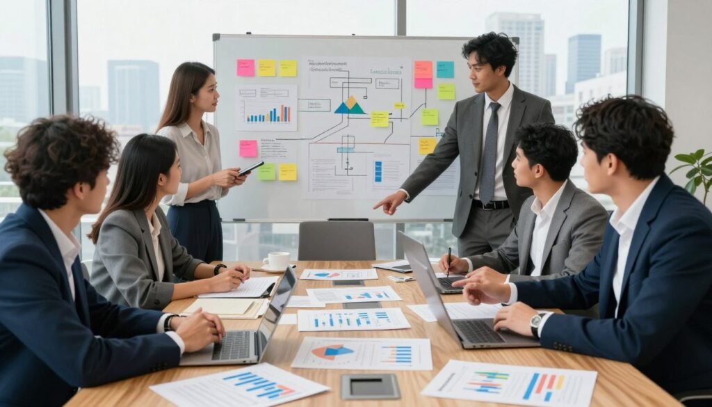 A vibrant office environment depicting market research deliverables. In the foreground, a large wooden conference table filled with professional documents, charts, and graphs showcasing market analysis, trends, and insights. On one side, a diverse team of professionals dressed in business attire, engaged in discussion and pointing at the data. In the middle background, a large whiteboard filled with colorful sticky notes and diagrams outlining project strategies and timelines. The lighting is bright and inviting, coming from large windows with a city skyline view. The atmosphere is collaborative and focused, reflecting a productive brainstorming session. Include the brand name “WhoShouldIGoWith” subtly integrated into one of the documents. A vibrant office environment depicting market research deliverables. In the foreground, a large wooden conference table filled with professional documents, charts, and graphs showcasing market analysis, trends, and insights. On one side, a diverse team of professionals dressed in business attire, engaged in discussion and pointing at the data. In the middle background, a large whiteboard filled with colorful sticky notes and diagrams outlining project strategies and timelines. The lighting is bright and inviting, coming from large windows with a city skyline view. The atmosphere is collaborative and focused, reflecting a productive brainstorming session. Include the brand name “WhoShouldIGoWith” subtly integrated into one of the documents.