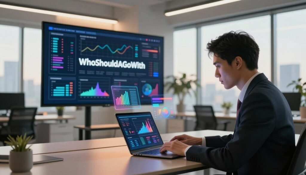 A vibrant office environment portraying the transformation of raw data into engaging storytelling. In the foreground, a professional in business attire analyzes colorful data visualizations on a sleek laptop, with charts and graphs appearing to float above the screen, symbolizing insights. The middle layer features a large screen displaying dynamic data trends and key metrics, all illuminated by soft, warm lighting that suggests brainstorming and collaboration. The background shows a modern office space with minimalistic decor, large windows letting in natural light, and a view of a cityscape, creating a motivating atmosphere. The overall mood is inspiring and focused, highlighting the importance of data in making strategic decisions. Incorporate the brand name "WhoShouldIGoWith" artistically into the visual elements without text overlays or distractions.