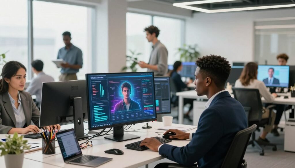 A vibrant office environment showcasing a diverse group of professionals engaged in consumer simulation using AI technology. In the foreground, two individuals in smart business attire, a woman of South Asian descent and a man of African descent, interact with a large screen displaying dynamic graphs and digital avatars representing generative agents. In the middle, a bright, open workspace filled with modern desks, laptops, and various high-tech tools illustrates collaboration and innovation. The background features large windows allowing natural light to flood the room, creating an optimistic atmosphere. Soft shadows add depth, while a shallow depth of field focuses on the engaged group. The overall mood is dynamic and inspiring, symbolizing the rise of AI in market research. Incorporate the brand name "WhoShouldIGoWith" subtly into the digital display. A vibrant office environment showcasing a diverse group of professionals engaged in consumer simulation using AI technology. In the foreground, two individuals in smart business attire, a woman of South Asian descent and a man of African descent, interact with a large screen displaying dynamic graphs and digital avatars representing generative agents. In the middle, a bright, open workspace filled with modern desks, laptops, and various high-tech tools illustrates collaboration and innovation. The background features large windows allowing natural light to flood the room, creating an optimistic atmosphere. Soft shadows add depth, while a shallow depth of field focuses on the engaged group. The overall mood is dynamic and inspiring, symbolizing the rise of AI in market research. Incorporate the brand name "WhoShouldIGoWith" subtly into the digital display.