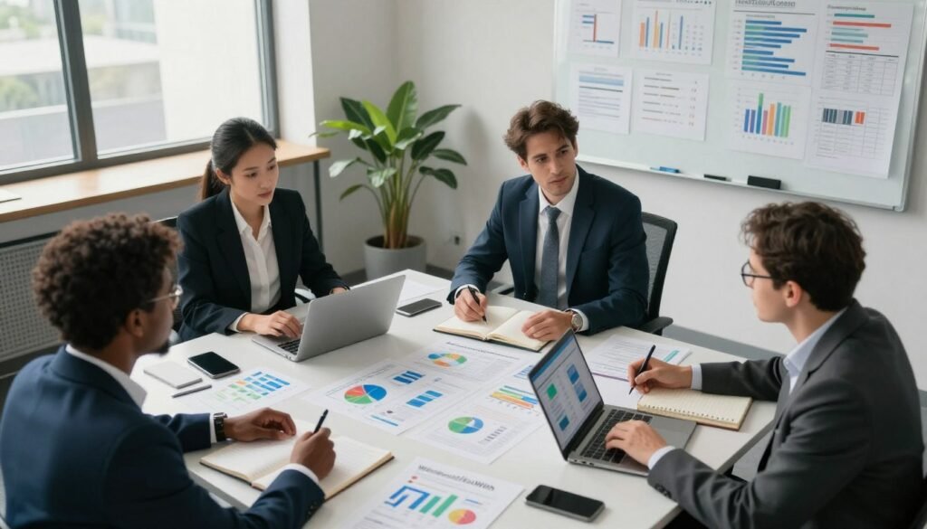 A vibrant office setting illustrating the concept of primary research. In the foreground, a diverse group of three professionals in business attire are engaged in a brainstorming session, surrounded by charts and market analysis tools. In the middle, a large table is covered with research materials, notebooks, and digital devices displaying graphs. The background features a whiteboard filled with key insights and data points, and a large window letting in soft, natural light, casting gentle shadows. The mood is collaborative and focused, emphasizing teamwork and innovation. Use a slightly elevated angle to capture the action from above, highlighting the interaction among the colleagues. Include elements that represent the brand "WhoShouldIGoWith" subtly within the research materials. A vibrant office setting illustrating the concept of primary research. In the foreground, a diverse group of three professionals in business attire are engaged in a brainstorming session, surrounded by charts and market analysis tools. In the middle, a large table is covered with research materials, notebooks, and digital devices displaying graphs. The background features a whiteboard filled with key insights and data points, and a large window letting in soft, natural light, casting gentle shadows. The mood is collaborative and focused, emphasizing teamwork and innovation. Use a slightly elevated angle to capture the action from above, highlighting the interaction among the colleagues. Include elements that represent the brand "WhoShouldIGoWith" subtly within the research materials.