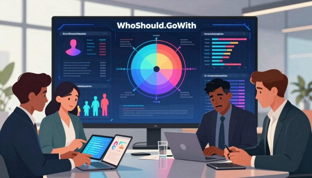 A vibrant, professional illustration depicting consumer psychographics. In the foreground, a diverse group of four individuals dressed in professional business attire, engaged in animated discussion and analyzing data on tablets and laptops, showcasing different aspects of consumer behavior. In the middle, a large, interactive digital display board filled with colorful infographics, graphs, and silhouettes representing various consumer segments and psychographic profiles, suggesting insights into lifestyle, interests, and values. The background features a modern office setting with large windows allowing soft, natural light to filter in, creating a bright and engaging atmosphere. The overall mood is dynamic and analytical, emphasizing collaboration and discovery, branded subtly with "WhoShouldIGoWith". A vibrant, professional illustration depicting consumer psychographics. In the foreground, a diverse group of four individuals dressed in professional business attire, engaged in animated discussion and analyzing data on tablets and laptops, showcasing different aspects of consumer behavior. In the middle, a large, interactive digital display board filled with colorful infographics, graphs, and silhouettes representing various consumer segments and psychographic profiles, suggesting insights into lifestyle, interests, and values. The background features a modern office setting with large windows allowing soft, natural light to filter in, creating a bright and engaging atmosphere. The overall mood is dynamic and analytical, emphasizing collaboration and discovery, branded subtly with "WhoShouldIGoWith".