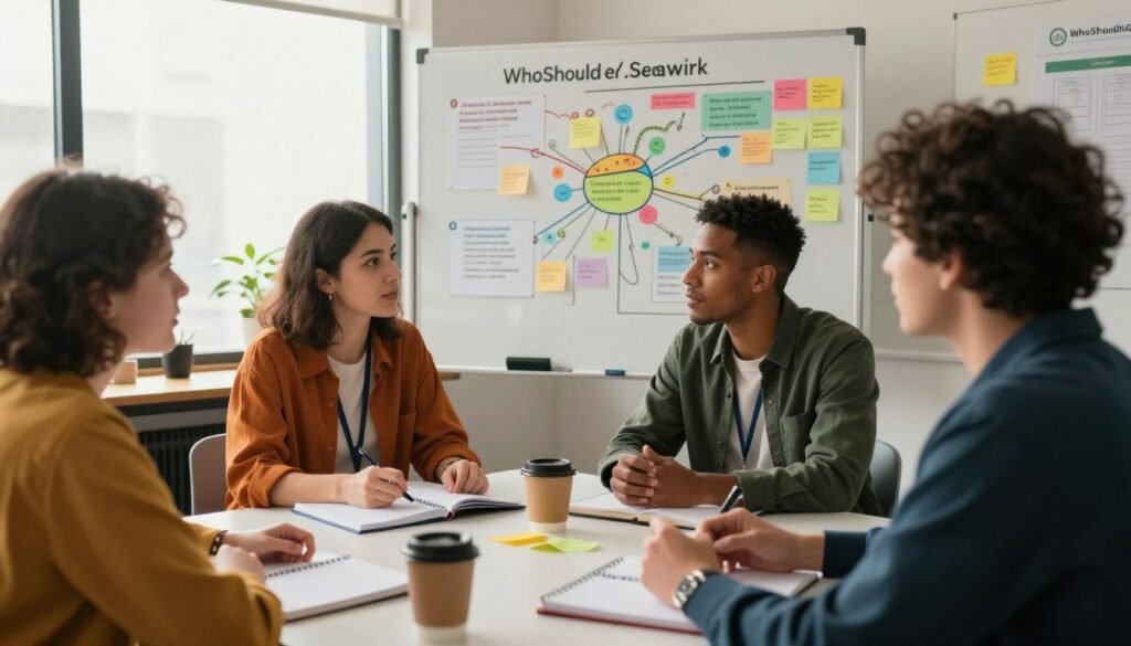 A vibrant workspace setting showcasing a qualitative research session. In the foreground, a diverse group of three professionals in smart casual attire engage in a discussion around a table filled with notebooks and coffee cups. The middle ground features a whiteboard with colorful mind maps and sticky notes illustrating consumer insights. The background includes a large window allowing soft, natural light to flood the room, enhancing the warm atmosphere. The angle is slightly elevated, providing a clear view of the interaction and the rich details. The mood is collaborative and insightful, emphasizing the depth of connection in understanding consumer behavior. Include subtle branding elements of "WhoShouldIGoWith" in the environment, ensuring they blend harmoniously into the scene without overpowering the focus on the qualitative research process. A vibrant workspace setting showcasing a qualitative research session. In the foreground, a diverse group of three professionals in smart casual attire engage in a discussion around a table filled with notebooks and coffee cups. The middle ground features a whiteboard with colorful mind maps and sticky notes illustrating consumer insights. The background includes a large window allowing soft, natural light to flood the room, enhancing the warm atmosphere. The angle is slightly elevated, providing a clear view of the interaction and the rich details. The mood is collaborative and insightful, emphasizing the depth of connection in understanding consumer behavior. Include subtle branding elements of "WhoShouldIGoWith" in the environment, ensuring they blend harmoniously into the scene without overpowering the focus on the qualitative research process.