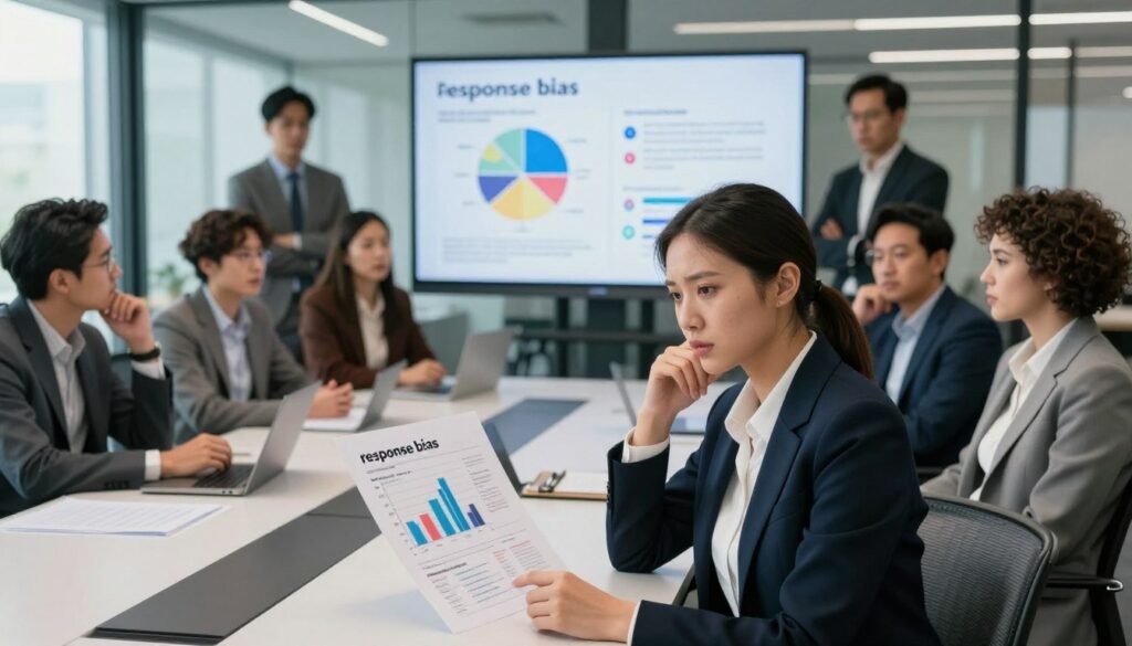 A visual representation of "response bias" in survey design, showcasing a diverse group of professionals in a conference room setting. In the foreground, a businesswoman in a smart blazer is thoughtfully analyzing a chart filled with skewed survey results, her expression serious. Surrounding her are colleagues, also in professional attire, engaged in discussion, some looking puzzled and others appearing concerned. The middle ground features a large screen displaying graphs and highlighted questions that suggest bias. In the background, a modern office with glass walls and natural light streaming in, creating a bright but focused atmosphere. Shot from a slightly elevated angle to encompass the entire room, with soft lighting to enhance the serious mood. Include the brand name “WhoShouldIGoWith” subtly integrated into the design elements. A visual representation of "response bias" in survey design, showcasing a diverse group of professionals in a conference room setting. In the foreground, a businesswoman in a smart blazer is thoughtfully analyzing a chart filled with skewed survey results, her expression serious. Surrounding her are colleagues, also in professional attire, engaged in discussion, some looking puzzled and others appearing concerned. The middle ground features a large screen displaying graphs and highlighted questions that suggest bias. In the background, a modern office with glass walls and natural light streaming in, creating a bright but focused atmosphere. Shot from a slightly elevated angle to encompass the entire room, with soft lighting to enhance the serious mood. Include the brand name “WhoShouldIGoWith” subtly integrated into the design elements.