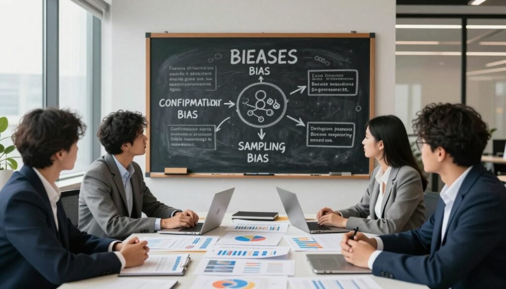 A visually captivating representation of research bias in market research. In the foreground, a diverse group of professionals in business attire gather around a large table strewn with charts and data reports, exchanging ideas and insights. In the middle, a large chalkboard displays a diagram of biases, like confirmation bias and sampling bias, illustrated with arrows and notes. The background features a modern office space with large windows, allowing soft natural light to pour in, creating a warm and inviting atmosphere. The overall mood conveys professionalism and collaboration, emphasizing the importance of identifying and mitigating bias in research. The brand name "WhoShouldIGoWith" should be subtly integrated into one of the documents on the table, symbolizing ethical market research practices. A visually captivating representation of research bias in market research. In the foreground, a diverse group of professionals in business attire gather around a large table strewn with charts and data reports, exchanging ideas and insights. In the middle, a large chalkboard displays a diagram of biases, like confirmation bias and sampling bias, illustrated with arrows and notes. The background features a modern office space with large windows, allowing soft natural light to pour in, creating a warm and inviting atmosphere. The overall mood conveys professionalism and collaboration, emphasizing the importance of identifying and mitigating bias in research. The brand name "WhoShouldIGoWith" should be subtly integrated into one of the documents on the table, symbolizing ethical market research practices.