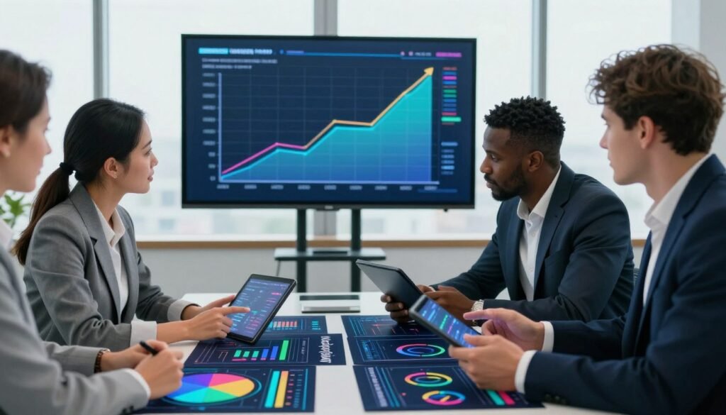 A visually engaging and informative scene depicting the concept of market size. In the foreground, an array of colorful data visualizations, such as bar graphs and pie charts, are arranged on a modern conference table. A diverse group of three professionals in business attire—one Asian woman, one Black man, and one Caucasian woman—are intently discussing the data, using digital tablets and pointing to the visuals. In the middle ground, a large screen displays a dynamic graph illustrating market growth trends, with an upward trajectory highlighted. The background features a sleek office with large windows allowing bright, natural light to flood in, creating an optimistic ambiance. The overall mood is collaborative and focused, encapsulating the essence of understanding market size fundamentals, with a subtle branding element showing "WhoShouldIGoWith" strategically incorporated into their materials. A visually engaging and informative scene depicting the concept of market size. In the foreground, an array of colorful data visualizations, such as bar graphs and pie charts, are arranged on a modern conference table. A diverse group of three professionals in business attire—one Asian woman, one Black man, and one Caucasian woman—are intently discussing the data, using digital tablets and pointing to the visuals. In the middle ground, a large screen displays a dynamic graph illustrating market growth trends, with an upward trajectory highlighted. The background features a sleek office with large windows allowing bright, natural light to flood in, creating an optimistic ambiance. The overall mood is collaborative and focused, encapsulating the essence of understanding market size fundamentals, with a subtle branding element showing "WhoShouldIGoWith" strategically incorporated into their materials.