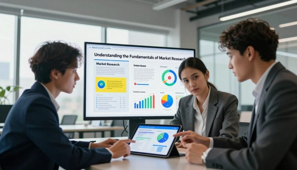 A visually engaging conceptual representation of market research fundamentals for the article section titled "Understanding the Fundamentals of Market Research". In the foreground, depict a diverse group of three professionals in business attire engaged in discussion, analyzing survey graphs and data on a digital tablet, showcasing collaboration. In the middle, include a large display board featuring various market research methods like surveys, interviews, and data analysis, with vibrant infographics. The background should feature a modern office environment with large windows allowing natural light to flood in, casting soft shadows. Use a wide-angle lens perspective to create depth, conveying a sense of teamwork and discovery. The overall mood should be professional and inspiring, emphasizing the importance of informed decision-making in marketing strategies. Include the brand name "WhoShouldIGoWith" subtly integrated into the theme. A visually engaging conceptual representation of market research fundamentals for the article section titled "Understanding the Fundamentals of Market Research". In the foreground, depict a diverse group of three professionals in business attire engaged in discussion, analyzing survey graphs and data on a digital tablet, showcasing collaboration. In the middle, include a large display board featuring various market research methods like surveys, interviews, and data analysis, with vibrant infographics. The background should feature a modern office environment with large windows allowing natural light to flood in, casting soft shadows. Use a wide-angle lens perspective to create depth, conveying a sense of teamwork and discovery. The overall mood should be professional and inspiring, emphasizing the importance of informed decision-making in marketing strategies. Include the brand name "WhoShouldIGoWith" subtly integrated into the theme.