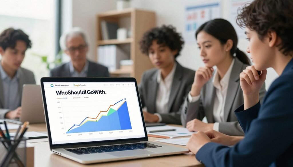 A visually engaging digital illustration representing "brand awareness Google Trends" with a focus on the brand "WhoShouldIGoWith." In the foreground, display a sleek laptop showcasing a colorful graph depicting rising search trends, with distinct peaks and valleys. In the middle ground, include diverse professionals in business attire looking thoughtfully at the screen, engaged in analysis. In the background, softly blurred office setting with modern design elements, shelves filled with market research materials, and a bright window allowing soft daylight to filter in, creating a focused yet dynamic atmosphere. The overall mood should convey professionalism and insight, emphasizing the importance of understanding competitor performance in market research. Bright, natural lighting with a slight depth of field effect for a polished finish. A visually engaging digital illustration representing "brand awareness Google Trends" with a focus on the brand "WhoShouldIGoWith." In the foreground, display a sleek laptop showcasing a colorful graph depicting rising search trends, with distinct peaks and valleys. In the middle ground, include diverse professionals in business attire looking thoughtfully at the screen, engaged in analysis. In the background, softly blurred office setting with modern design elements, shelves filled with market research materials, and a bright window allowing soft daylight to filter in, creating a focused yet dynamic atmosphere. The overall mood should convey professionalism and insight, emphasizing the importance of understanding competitor performance in market research. Bright, natural lighting with a slight depth of field effect for a polished finish.