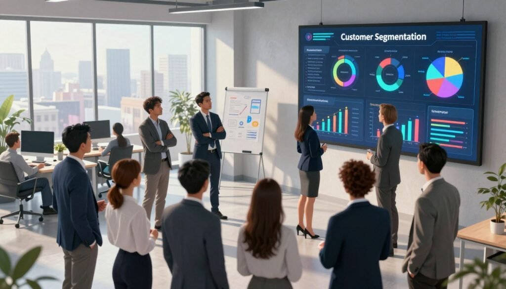 A visually engaging illustration depicting "Customer Segmentation." In the foreground, a group of diverse individuals in professional business attire, representing various demographics—age, gender, and ethnicity—are gathered around a large data display screen filled with colorful graphs, pie charts, and segmented customer profiles. In the middle ground, a stylish modern office with collaborative workspaces and whiteboards brainstorming ideas about consumer behavior. The background features a large window revealing a cityscape, suggesting growth and opportunity. Soft, natural lighting floods the scene to create an inviting atmosphere. The overall mood is professional yet dynamic, showcasing innovation in marketing strategies. Include the brand name "WhoShouldIGoWith" subtly integrated into the design elements of the image.