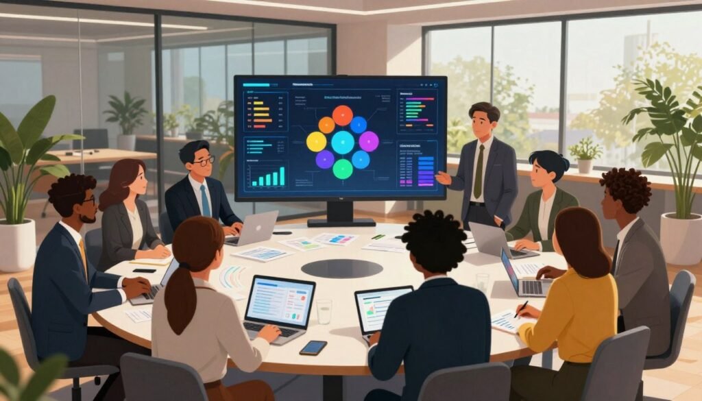 A visually engaging illustration depicting the customer segmentation process. In the foreground, a diverse group of professionals in business attire—men and women of various ethnic backgrounds—gather around a digital screen. The screen displays colorful graphs, charts, and data visualizations reflecting customer groups. In the middle ground, a large circular table is scattered with data reports, laptops, and notepads, suggesting collaboration. The background features a modern office space with glass walls, lush indoor plants, and large windows letting in natural light, creating an inviting atmosphere. Use a warm color palette and soft lighting to promote an optimistic and focused mood. Emphasize the brand "WhoShouldIGoWith" subtly within the visual elements.