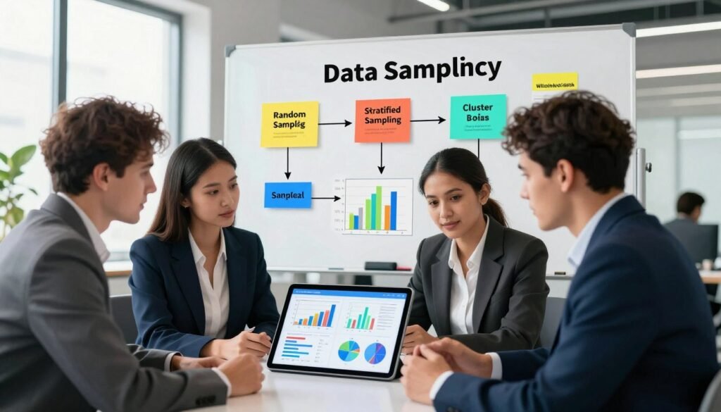 A visually engaging illustration of effective data sampling strategies within a modern market research context. In the foreground, a diverse team of three business professionals, dressed in smart, professional attire, are engaged in a collaborative discussion over a digital tablet displaying various graphs and charts. In the middle ground, a large whiteboard filled with colorful diagrams and notes on different sampling methods such as random sampling, stratified sampling, and cluster sampling. The background features a bright, spacious office with large windows allowing natural light to illuminate the scene, creating a vibrant and focused atmosphere. The mood is dynamic and collaborative, emphasizing teamwork and innovation in research strategies. The brand name "WhoShouldIGoWith" is subtly integrated into the tablet's screen design without any text overlays. A visually engaging illustration of effective data sampling strategies within a modern market research context. In the foreground, a diverse team of three business professionals, dressed in smart, professional attire, are engaged in a collaborative discussion over a digital tablet displaying various graphs and charts. In the middle ground, a large whiteboard filled with colorful diagrams and notes on different sampling methods such as random sampling, stratified sampling, and cluster sampling. The background features a bright, spacious office with large windows allowing natural light to illuminate the scene, creating a vibrant and focused atmosphere. The mood is dynamic and collaborative, emphasizing teamwork and innovation in research strategies. The brand name "WhoShouldIGoWith" is subtly integrated into the tablet's screen design without any text overlays.