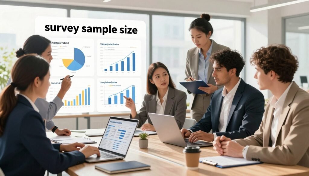A visually engaging illustration of "survey sample size" for market research. In the foreground, a diverse group of professionals in business attire, including a woman analyzing data on a laptop and a man discussing results with a clipboard. In the middle ground, various charts and graphs displaying survey results, emphasizing sample sizes with clear visual markers. The background features a bright, modern office setting, with large windows allowing natural light to flood in, creating a warm and inviting atmosphere. The overall mood is focused and collaborative, suggesting a serious yet productive discussion about market research. The branding "WhoShouldIGoWith" subtly integrated into the workspace, perhaps with a notepad or portfolio. A visually engaging illustration of "survey sample size" for market research. In the foreground, a diverse group of professionals in business attire, including a woman analyzing data on a laptop and a man discussing results with a clipboard. In the middle ground, various charts and graphs displaying survey results, emphasizing sample sizes with clear visual markers. The background features a bright, modern office setting, with large windows allowing natural light to flood in, creating a warm and inviting atmosphere. The overall mood is focused and collaborative, suggesting a serious yet productive discussion about market research. The branding "WhoShouldIGoWith" subtly integrated into the workspace, perhaps with a notepad or portfolio.