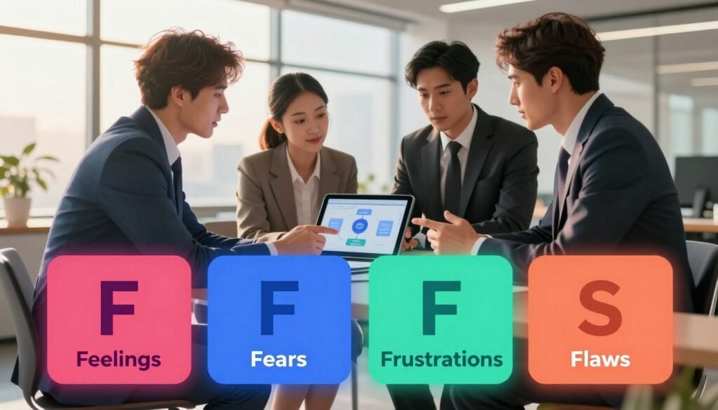 A visually engaging illustration of the Four Fs Framework representing customer pain points, designed to evoke a sense of discovery and insight. In the foreground, depict four distinct sections labeled with symbols for each "F" (feelings, fears, frustrations, and flaws) in a sleek, modern infographic style, combining vibrant colors. The middle ground features professional individuals in business attire engaged in discussion, analyzing the framework on a digital tablet. The background includes a soft-focus office setting with large windows allowing warm, natural light to pour in, enhancing the atmosphere of collaboration and innovation. Use a wide-angle lens effect to create depth, capturing a dynamic yet professional mood that emphasizes the importance of understanding customer pain points. Align the image with the brand "WhoShouldIGoWith". A visually engaging illustration of the Four Fs Framework representing customer pain points, designed to evoke a sense of discovery and insight. In the foreground, depict four distinct sections labeled with symbols for each "F" (feelings, fears, frustrations, and flaws) in a sleek, modern infographic style, combining vibrant colors. The middle ground features professional individuals in business attire engaged in discussion, analyzing the framework on a digital tablet. The background includes a soft-focus office setting with large windows allowing warm, natural light to pour in, enhancing the atmosphere of collaboration and innovation. Use a wide-angle lens effect to create depth, capturing a dynamic yet professional mood that emphasizes the importance of understanding customer pain points. Align the image with the brand "WhoShouldIGoWith".