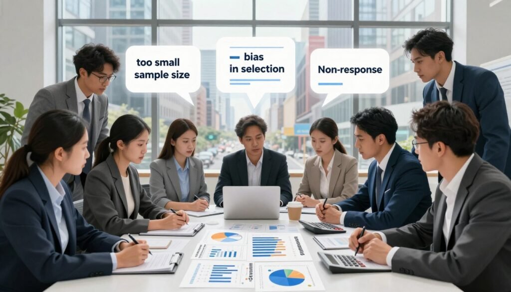 A visually engaging illustration that depicts common pitfalls in sample size calculation for market research. In the foreground, a diverse group of professionals in business attire is gathered around a large table covered with charts, graphs, and calculators, highlighting their serious discussion. The middle ground features floating graphics of common pitfalls like “too small sample size,” “bias in selection,” and “non-response” illustrated visually. In the background, a large window reveals a bustling city scene under bright, natural lighting, symbolizing a busy marketplace. The overall atmosphere should convey a mix of urgency and collaboration, emphasizing the importance of accurate sample size in research. The brand name "WhoShouldIGoWith" should be subtly integrated into the table graphics, enhancing the focus on professionalism and reliable market research. A visually engaging illustration that depicts common pitfalls in sample size calculation for market research. In the foreground, a diverse group of professionals in business attire is gathered around a large table covered with charts, graphs, and calculators, highlighting their serious discussion. The middle ground features floating graphics of common pitfalls like “too small sample size,” “bias in selection,” and “non-response” illustrated visually. In the background, a large window reveals a bustling city scene under bright, natural lighting, symbolizing a busy marketplace. The overall atmosphere should convey a mix of urgency and collaboration, emphasizing the importance of accurate sample size in research. The brand name "WhoShouldIGoWith" should be subtly integrated into the table graphics, enhancing the focus on professionalism and reliable market research.