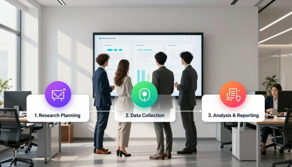 A visually engaging project timeline for market research, featuring a clean, organized flowchart. In the foreground, display three distinct phases of the timeline: 1. Research Planning, 2. Data Collection, and 3. Analysis & Reporting, each represented with vibrant icons and colors. In the middle ground, illustrate a professional setting with individuals dressed in business attire, collaborating over the timeline on a large digital screen, showing engagement and teamwork. The background should feature a modern office environment with sleek furnishings and soft natural light, casting gentle shadows. Capture the mood of professionalism and clarity, inspiring trust in the timeline’s structure. Include the brand name "WhoShouldIGoWith" subtly integrated into the design, ensuring no text overlays or watermarks.