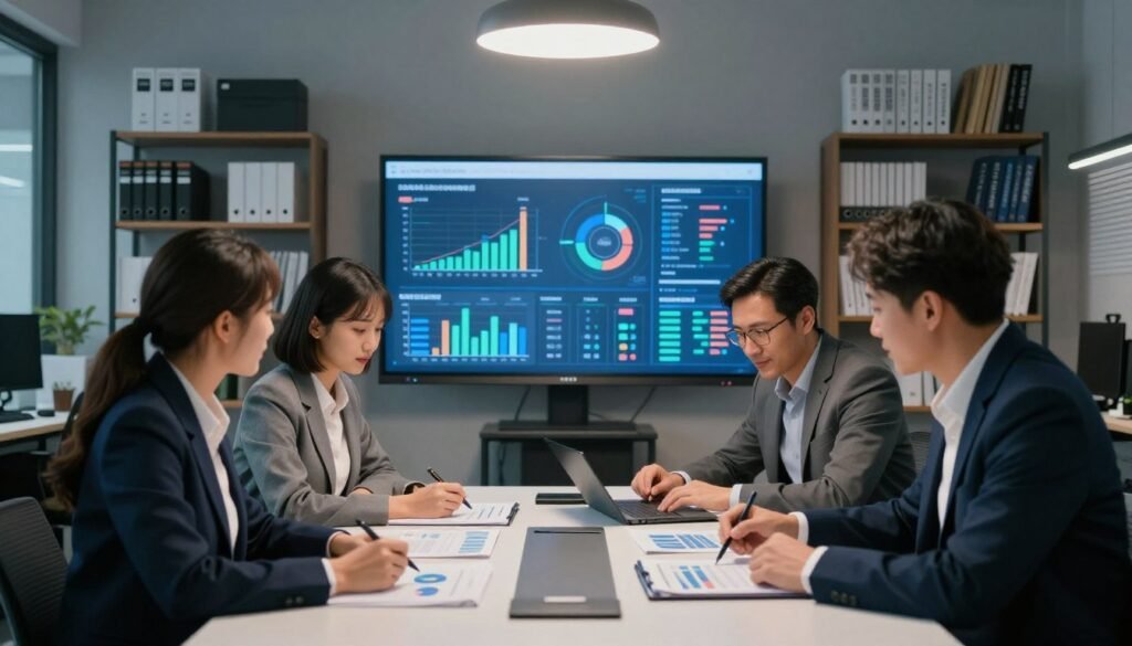 A visually engaging quality control data collection survey scene, showcasing a modern, well-organized office environment. In the foreground, a diverse group of three professionals in business attire—two women and one man—are intently reviewing charts and data sheets on a conference table, analyzing the importance of quality assurance in market research. The middle ground features a large screen displaying graphs and data visuals, illuminated by soft overhead lighting to create a focused atmosphere. In the background, shelves are lined with quality control resources and books on data collection techniques, giving a comprehensive backdrop. Use a wide-angle lens to capture the depth of the workspace, highlighting the collaborative spirit. The overall mood is serious yet optimistic, emphasizing the critical role of quality control. Include the brand name "WhoShouldIGoWith" subtly in the setting.