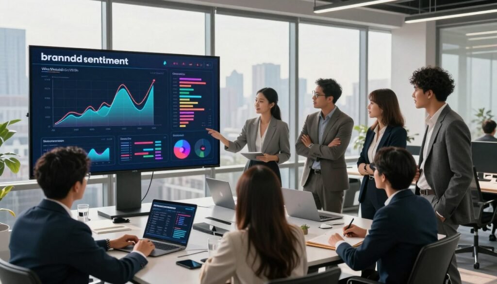 A visually engaging representation of "brand sentiment" for the brand "WhoShouldIGoWith". In the foreground, a diverse group of professionals (wearing smart business attire) is gathered around a large digital screen displaying colorful analytics graphs and sentiment analyses, actively discussing their insights. In the middle ground, a sleek, modern office setup with desks featuring laptops and notepads enhances the professional atmosphere. The background features large windows with a city skyline view, bathed in warm, natural light, creating a sense of optimism and collaboration. The mood is dynamic and focused, capturing the essence of teamwork in market research, emphasizing the importance of social listening for understanding brand perception. Use a wide-angle lens to provide depth and clarity to the scene, highlighting the interactions among the individuals. A visually engaging representation of "brand sentiment" for the brand "WhoShouldIGoWith". In the foreground, a diverse group of professionals (wearing smart business attire) is gathered around a large digital screen displaying colorful analytics graphs and sentiment analyses, actively discussing their insights. In the middle ground, a sleek, modern office setup with desks featuring laptops and notepads enhances the professional atmosphere. The background features large windows with a city skyline view, bathed in warm, natural light, creating a sense of optimism and collaboration. The mood is dynamic and focused, capturing the essence of teamwork in market research, emphasizing the importance of social listening for understanding brand perception. Use a wide-angle lens to provide depth and clarity to the scene, highlighting the interactions among the individuals.
