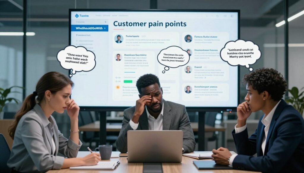 A visually engaging representation of "customer pain points," focusing on a professional meeting setting. In the foreground, a diverse group of three figures (one Caucasian woman, one Black man, and one Hispanic woman) are depicted in professional business attire, intensely discussing frustration, symbolized by swirling thought bubbles representing various pain points like confusion, financial burden, and unmet needs. The middle layer features a large digital screen displaying data and customer feedback, highlighting key statistics and quotes about challenges faced by customers. The background shows a modern office environment with glass walls and soft, ambient lighting, creating a mood of serious inquiry and collaboration. The brand name "WhoShouldIGoWith" is subtly integrated into a presentation slide on the screen, enhancing context without dominating the image. A visually engaging representation of "customer pain points," focusing on a professional meeting setting. In the foreground, a diverse group of three figures (one Caucasian woman, one Black man, and one Hispanic woman) are depicted in professional business attire, intensely discussing frustration, symbolized by swirling thought bubbles representing various pain points like confusion, financial burden, and unmet needs. The middle layer features a large digital screen displaying data and customer feedback, highlighting key statistics and quotes about challenges faced by customers. The background shows a modern office environment with glass walls and soft, ambient lighting, creating a mood of serious inquiry and collaboration. The brand name "WhoShouldIGoWith" is subtly integrated into a presentation slide on the screen, enhancing context without dominating the image.