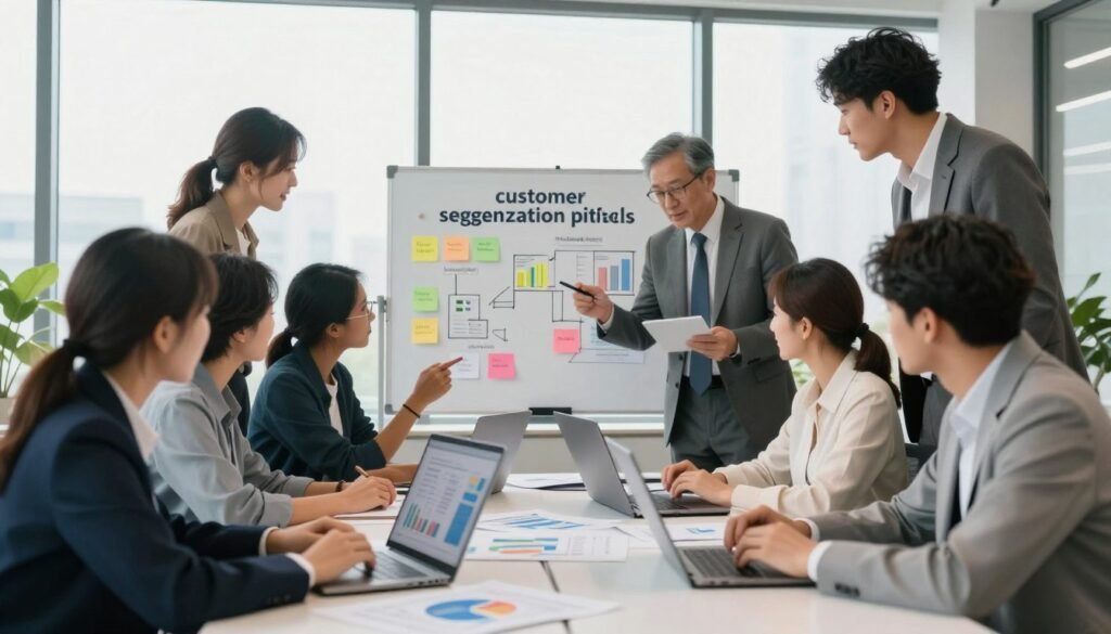 A visually engaging representation of "customer segmentation pitfalls," showcasing a diverse group of professionals in a modern office environment. In the foreground, a group of people, including both men and women in professional business attire, are gathered around a large table, analyzing charts and graphs displayed on laptops. In the middle, a whiteboard filled with colorful sticky notes and diagrams symbolizes common mistakes like stereotypes, oversimplification, and neglecting data. In the background, soft natural light streams through large windows, creating a bright and collaborative atmosphere. The lens is slightly wide-angle to capture the dynamic interaction among the team members, conveying a sense of urgency and focus on overcoming challenges in segmentation. The brand name "WhoShouldIGoWith" subtly integrated into the office decor, enhancing the professional setting.