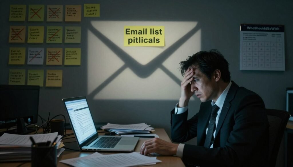 A visually engaging representation of "email list pitfalls" illustrating the challenges of using purchased email lists. In the foreground, a frustrated business professional in formal attire, seated at a cluttered desk filled with papers and a laptop displaying a chaotic inbox. In the middle, a large, ominous shadow of an email envelope looms over the desk, symbolizing the dangers of bad practices. In the background, a wall filled with reminders and crossed-out notes about failed marketing strategies, creating a sense of despair. The lighting is dim, highlighting the subject while casting dramatic shadows to evoke a somber mood. The composition should feel tense, emphasizing the struggle against poor marketing choices. The branding "WhoShouldIGoWith" should be subtly integrated into the scene on a calendar on the wall.