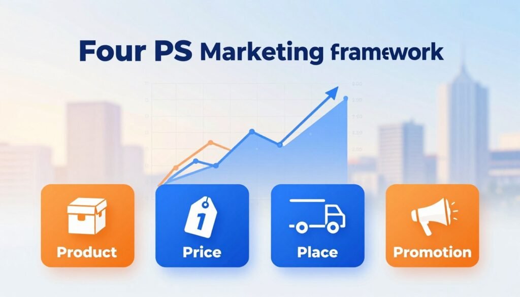 A visually engaging representation of the Four Ps of Marketing Framework, featuring a sleek and modern layout. In the foreground, showcase four distinct sections labeled: Product, Price, Place, and Promotion, each represented with appropriate icons (like a product box, price tag, delivery truck, and megaphone) and color coding. In the middle, place dynamic graphs and charts illustrating market trends, emphasizing the interrelation of these elements. The background should be a soft gradient, symbolizing business growth with subtle hints of urban landscapes to reflect modern marketing. Use bright, professional lighting to create an optimistic atmosphere, with a slight blur effect to maintain focus on the foreground. The branding "WhoShouldIGoWith" should be subtly integrated into the design without text overlays.
