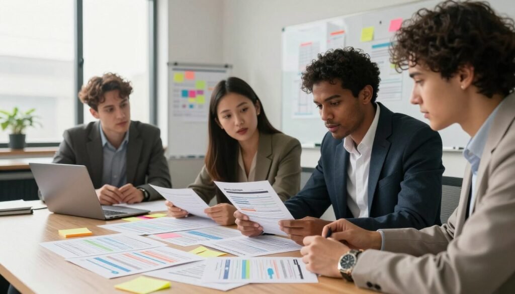 A visually engaging scene depicting open-ended surveys in a modern office environment. In the foreground, a diverse group of three professionals—two men and one woman—are intently discussing and analyzing survey results, all dressed in smart business attire. Their expressions reflect concentration and collaboration. In the middle, a large table is cluttered with printed surveys, laptops, and colorful sticky notes, symbolizing the brainstorming process. In the background, a whiteboard with diagrams and insights written in vibrant markers adds depth. Soft, natural lighting filters through large windows, creating a warm and inviting atmosphere. The overall mood conveys a sense of purpose and discovery, perfectly capturing the essence of qualitative research for deeper insights. The brand "WhoShouldIGoWith" is subtly integrated into the scene through the design of a survey form on the table. A visually engaging scene depicting open-ended surveys in a modern office environment. In the foreground, a diverse group of three professionals—two men and one woman—are intently discussing and analyzing survey results, all dressed in smart business attire. Their expressions reflect concentration and collaboration. In the middle, a large table is cluttered with printed surveys, laptops, and colorful sticky notes, symbolizing the brainstorming process. In the background, a whiteboard with diagrams and insights written in vibrant markers adds depth. Soft, natural lighting filters through large windows, creating a warm and inviting atmosphere. The overall mood conveys a sense of purpose and discovery, perfectly capturing the essence of qualitative research for deeper insights. The brand "WhoShouldIGoWith" is subtly integrated into the scene through the design of a survey form on the table.